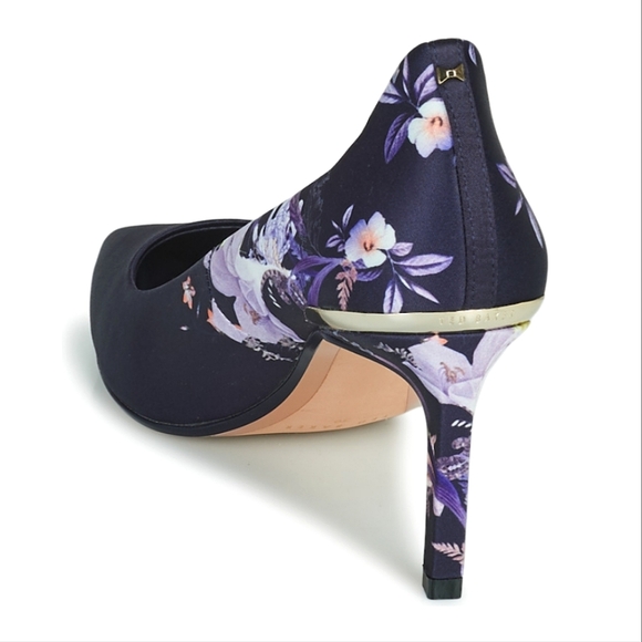 🍒NIB🍒 TED BAKER SATIN NAVY FLORAL HEELS - Picture 5 of 11